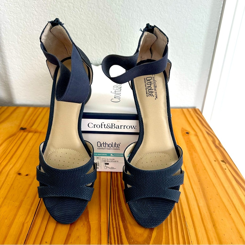 Navy comfort ankle strap back heal sandals.